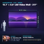 15.7 ft × 8.9 ft P1.56 indoor LED video wall (64 panels) shown next to a 6 ft person, with NovaStar VX1000 Pro processor