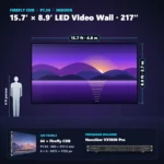 15.7 ft × 8.9 ft P1.56 indoor LED video wall (64 panels) shown next to a 6 ft person, with NovaStar VX1000 Pro processor