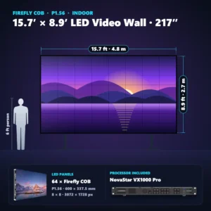 15.7 ft × 8.9 ft P1.56 indoor LED video wall (64 panels) shown next to a 6 ft person, with NovaStar VX1000 Pro processor