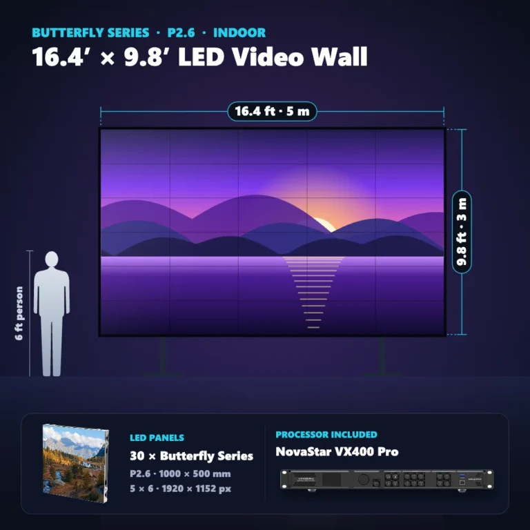 16.4 ft × 9.8 ft P2.6 indoor LED video wall (30 panels) shown next to a 6 ft person