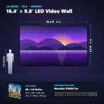 16.4 ft &times; 9.8 ft P2.6 indoor LED video wall (60 panels) shown next to a 6 ft person
