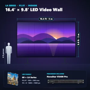 16.4 ft × 9.8 ft P2.97 indoor LED video wall (60 panels) shown next to a 6 ft person, with NovaStar VX400 Pro processor