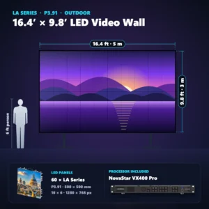 16.4 ft × 9.8 ft P3.91 outdoor LED video wall (60 panels) shown next to a 6 ft person, with NovaStar VX400 Pro processor
