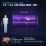 7.9 ft × 4.4 ft P0.93 indoor LED video wall (16 panels) shown next to a 6 ft person, with NovaStar VX1000 Pro processor