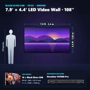 7.9 ft × 4.4 ft P0.93 indoor LED video wall (16 panels) shown next to a 6 ft person, with NovaStar VX1000 Pro processor