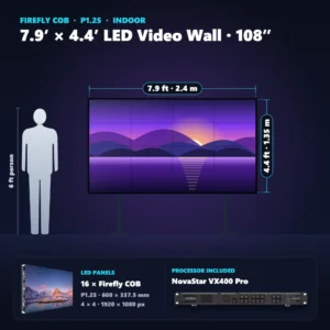 7.9 ft × 4.4 ft P1.25 indoor LED video wall (16 panels) shown next to a 6 ft person, with NovaStar VX400 Pro processor