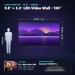 9.8 ft × 5.5 ft P0.93 indoor LED video wall (25 panels) shown next to a 6 ft person, with NovaStar VX2000 Pro processor