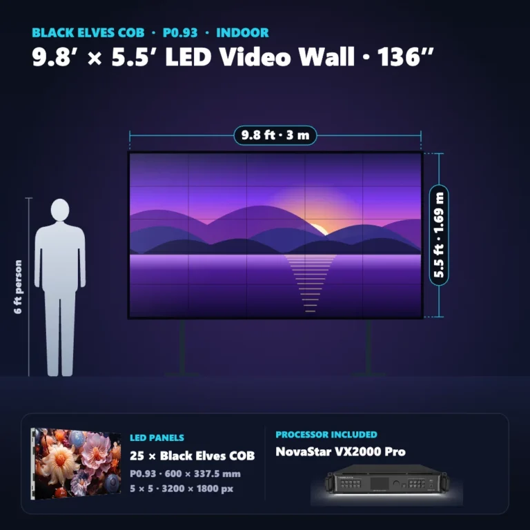 9.8 ft × 5.5 ft P0.93 indoor LED video wall (25 panels) shown next to a 6 ft person