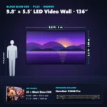 9.8 ft × 5.5 ft P1.25 indoor LED video wall (25 panels) shown next to a 6 ft person, with NovaStar VX600 Pro processor