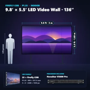 9.8 ft × 5.5 ft P1.25 indoor LED video wall (25 panels) shown next to a 6 ft person, with NovaStar VX600 Pro processor