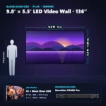 9.8 ft × 5.5 ft P1.56 indoor LED video wall (25 panels) shown next to a 6 ft person, with NovaStar VX400 Pro processor
