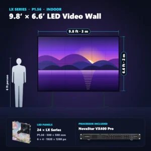 9.8 ft × 6.6 ft P1.56 indoor LED video wall (24 panels) shown next to a 6 ft person, with NovaStar VX400 Pro processor
