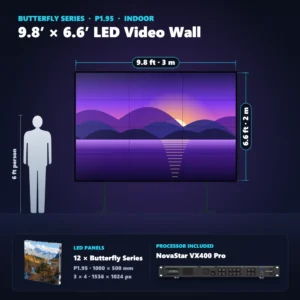 9.8 ft × 6.6 ft P1.95 indoor LED video wall (12 panels) shown next to a 6 ft person, with NovaStar VX400 Pro processor