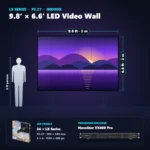 9.8 ft × 6.6 ft P2.27 indoor LED video wall (24 panels) shown next to a 6 ft person, with NovaStar VX400 Pro processor