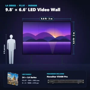 9.8 ft × 6.6 ft P2.97 indoor LED video wall (24 panels) shown next to a 6 ft person, with NovaStar VX400 Pro processor