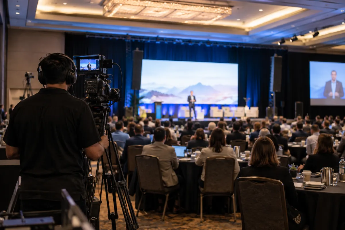 Camera operator filming a hotel ballroom conference for a live stream (illustration)