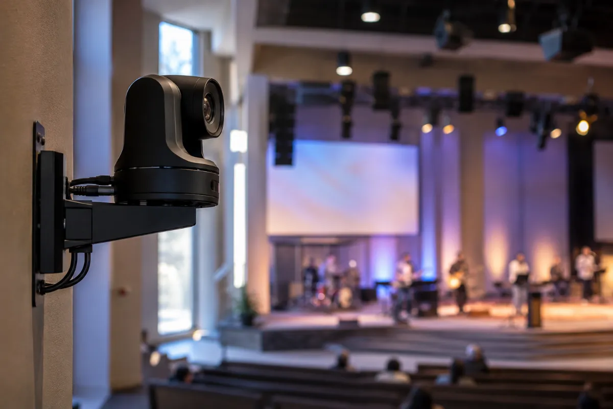 Robotic PTZ camera mounted on a wall bracket in a church sanctuary (illustration)
