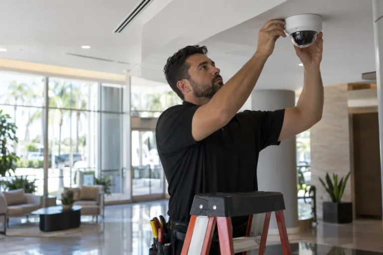 Technician installing a dome security camera in an office lobby ceiling