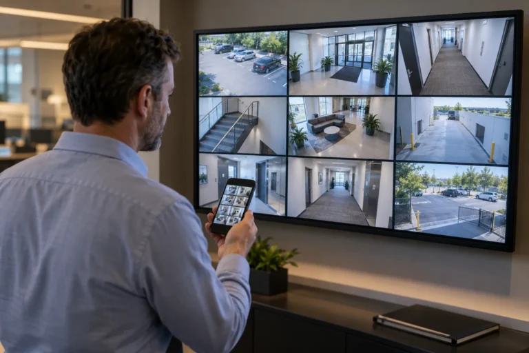 Manager reviewing live security camera views on a monitor and smartphone