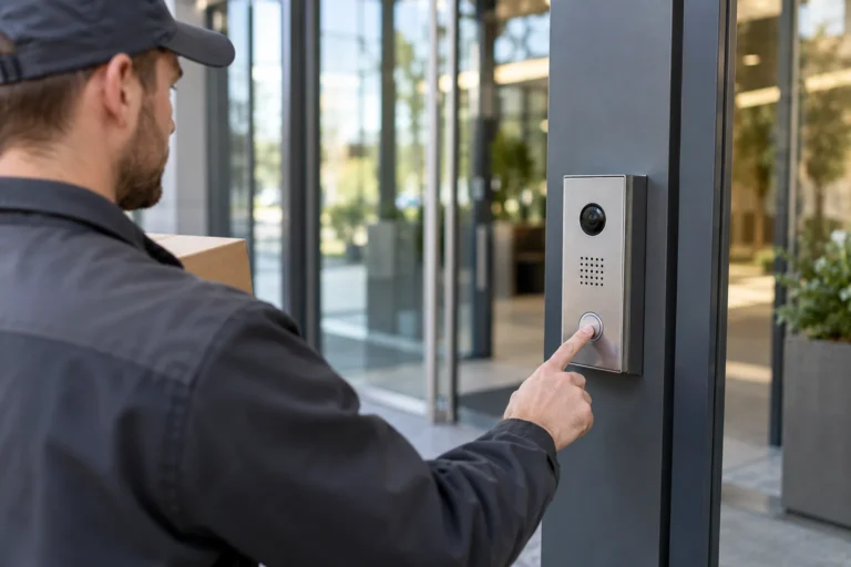 Visitor pressing the call button on a video intercom at a building entrance