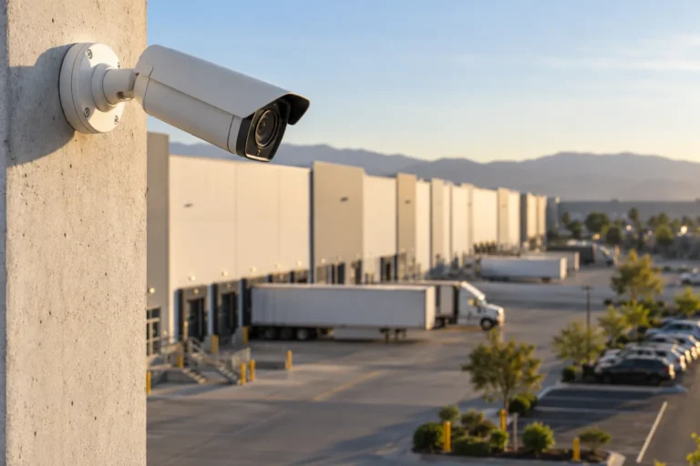 Bullet security camera overlooking warehouse loading docks and parking lot